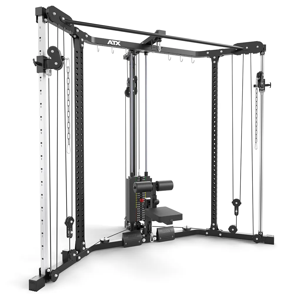 A black and silver cable crossover machine with adjustable pulleys and weight stack, designed for strength training. The frame displays multiple attachment points for various exercises.