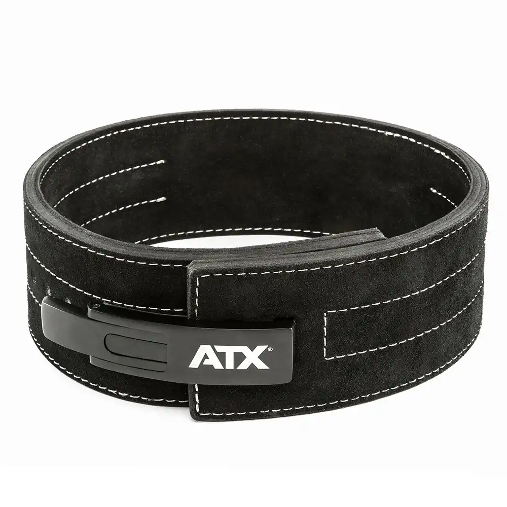 Black weightlifting belt with white stitching, featuring a lever buckle for secure closure. The belt has a suede-like finish and the letters ATX on the buckle.