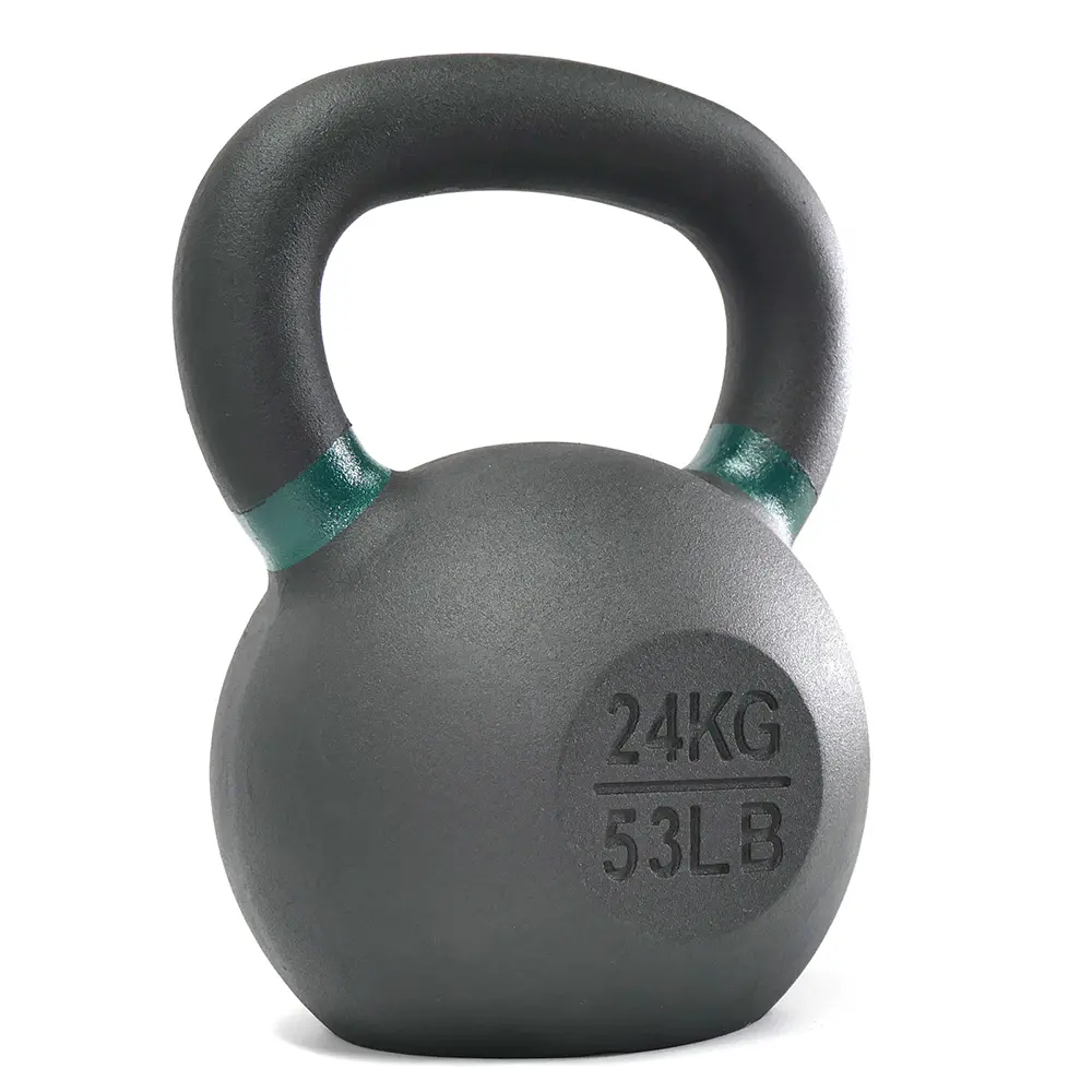 A black kettlebell with a green stripe near the handle, weighing 24 kilograms (53 pounds). The weight is clearly marked on the front.