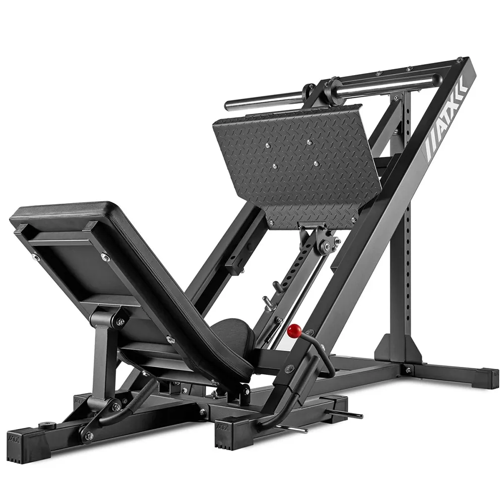 A black and silver leg press machine with an angled padded seat, footplate, and adjustable settings. The sturdy frame has a diamond-patterned platform for foot placement and safety handles on each side.