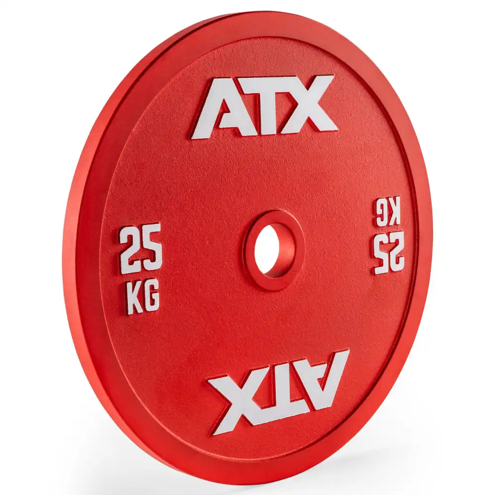 Red 25 kg weight plate with ATX branding in white text, designed for use in weightlifting and fitness training. The plate has a smooth, glossy finish and an opening in the center for attaching to a barbell.