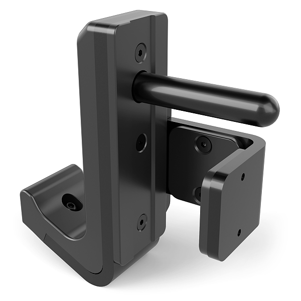 Black metal wall mount with a cylindrical hook extending outward, designed to hold or hang objects. The mount has multiple screw holes for secure attachment.