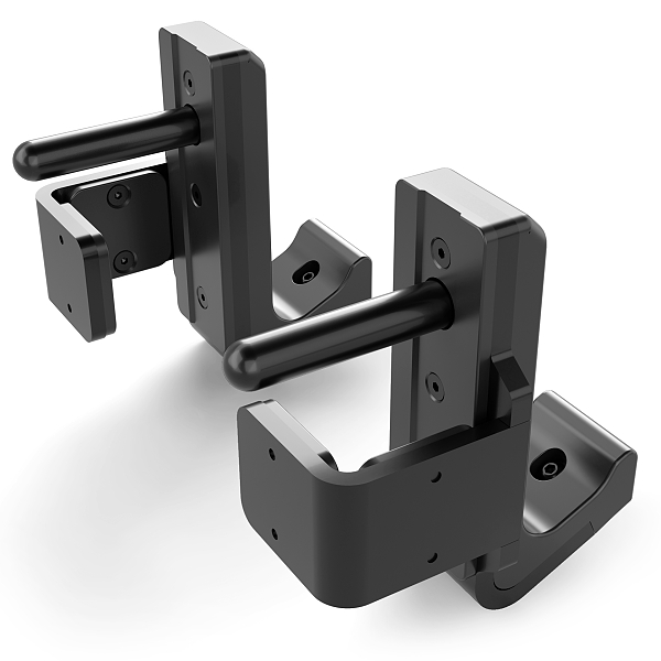 Two black metal wall hooks with cylindrical pegs and mounting plates, designed for holding heavy items, displayed on a white background.