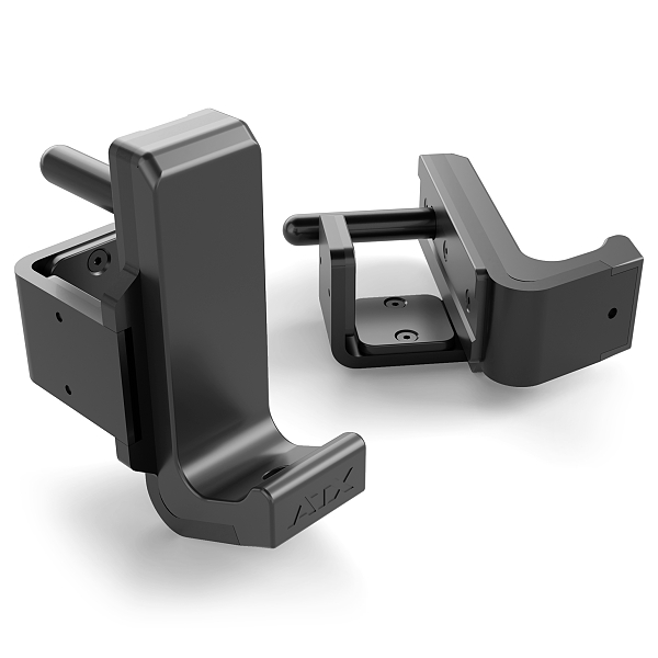 Two black metal hooks with a sleek, angular design lie on a white surface. Each hook features a square base with mounting holes and a protruding rod at the top for securing items. The hooks are positioned upright and sideways.