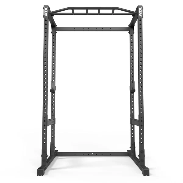 A black metal power rack with a pull-up bar on top, featuring multiple holes for adjustable height. It stands on a stable base, designed for strength training exercises.
