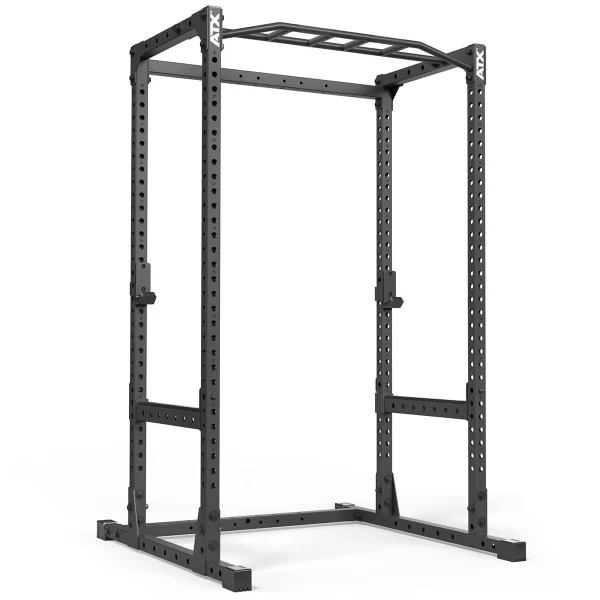 A black metal power rack with multiple holes for adjustable barbell placements and a pull-up bar at the top. The rack is sturdy with a rectangular base, designed for strength training exercises.