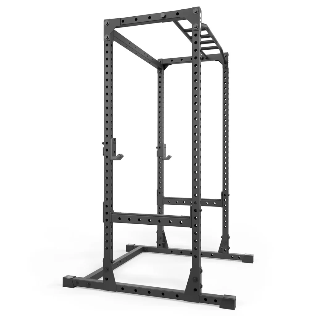 A sturdy black metal power rack with adjustable holes on its vertical beams. It features a pull-up bar at the top and barbell holders on the sides, designed for weightlifting exercises. The frame is set on a stable rectangular base.