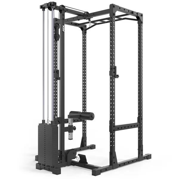 Black power rack with adjustable cable pulley system, weight stack, and various supports for strength training. The frame has multiple holes for attachments and is suitable for exercises like squats and pull-ups.