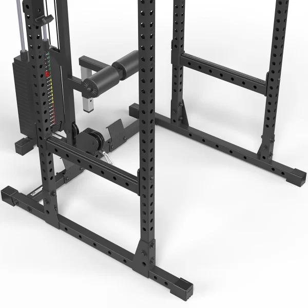 Close-up of a black metal power rack featuring adjustable holes for attachments. It includes a cable pulley system with a weight stack, highlighting its sturdy construction and versatility for strength training.