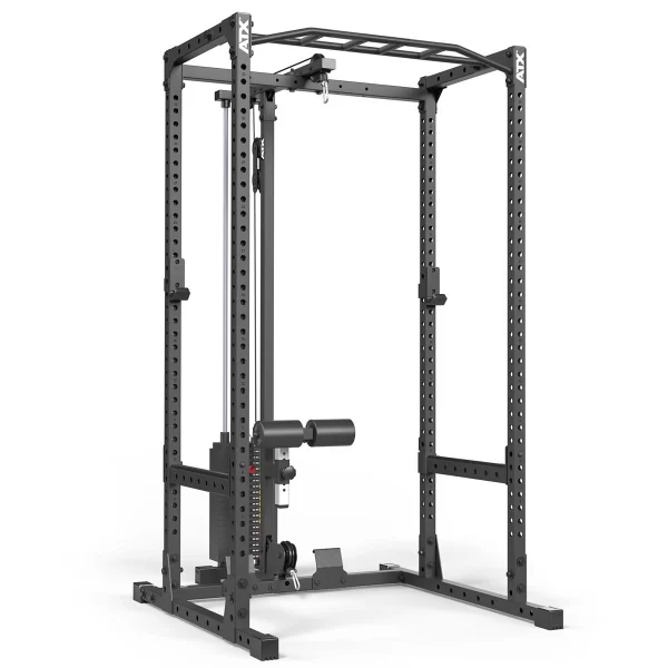 A black power rack with adjustable safety bars and a built-in pulley system. It includes numbered holes for customization and multiple grip options on the pull-up bars, suitable for strength training exercises.