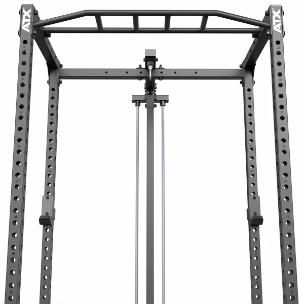 A black metal power rack with adjustable components and multiple holes for customization. It includes a pull-up bar on top and cable attachments in the center, designed for various strength training exercises.