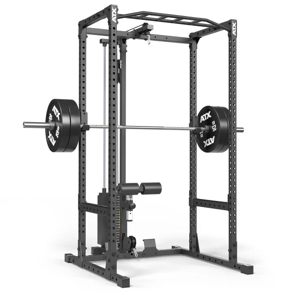 A black power rack featuring a loaded barbell, adjustable safety bars, and pull-up grips. The rack includes attached weight storage and a cable attachment system, designed for versatile strength training exercises.