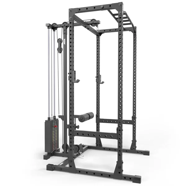 A black power rack with a pulley system. It has multiple holes for adjustable attachments and features a cable machine with stacked weights on the side. The structure is designed for various strength training exercises.