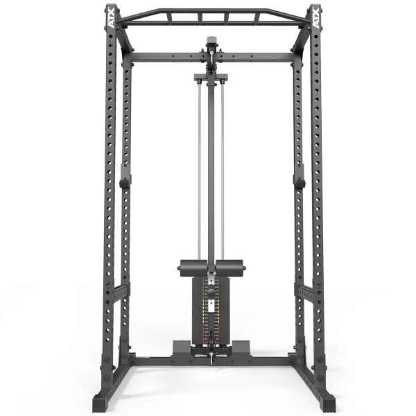 Image of a black power rack with a pulley system. It features multiple holes for adjustable attachments and a weight stack at the center. The top has a pull-up bar. The design is sturdy, suitable for various strength training exercises.