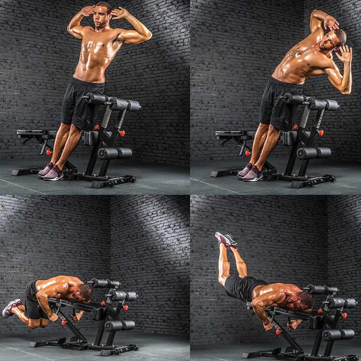 A man demonstrates four exercises—including side bends, back extensions, and leg raises—using the ATX Torso Trainer in a gym with a dark brick wall background.
