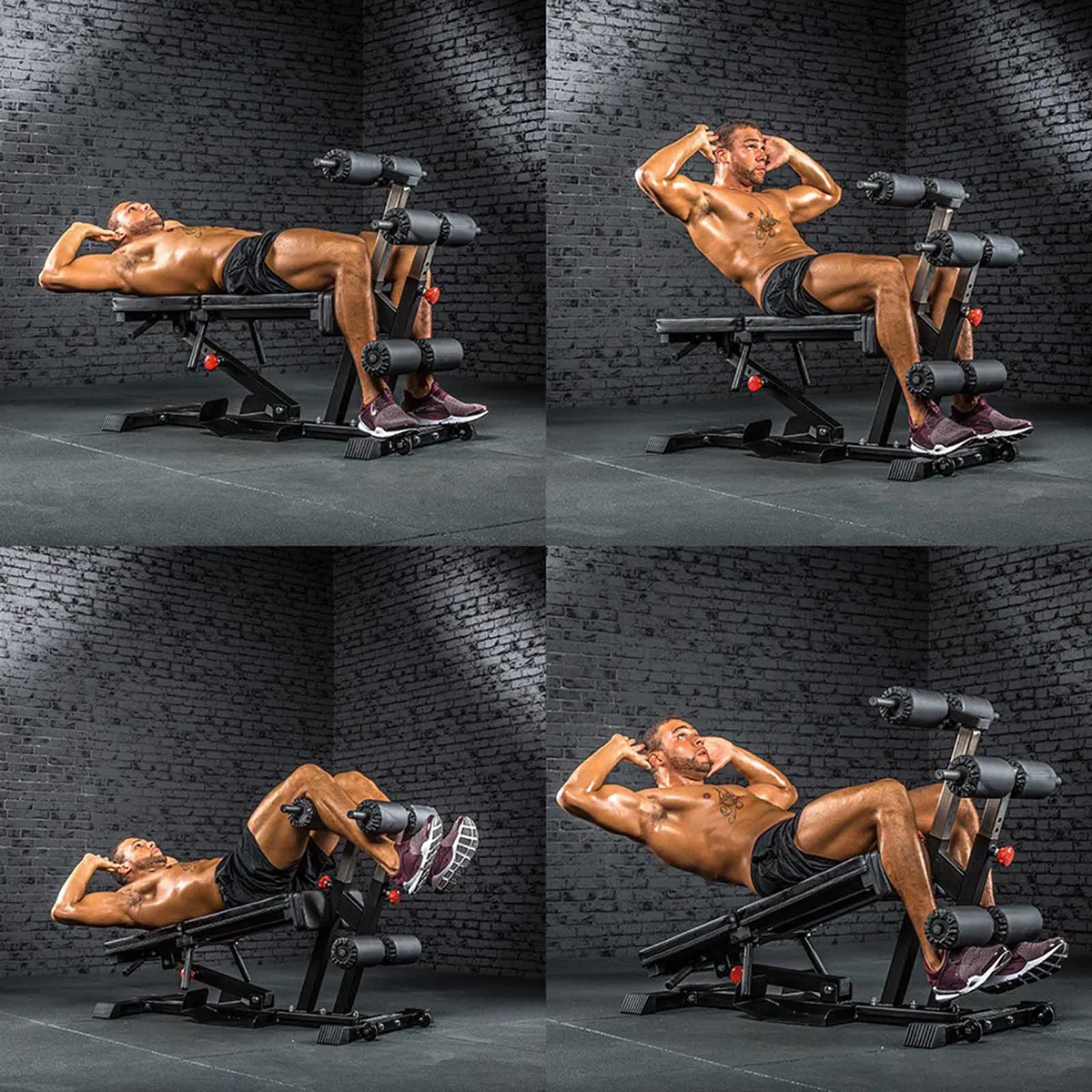 A man in athletic wear demonstrates four exercises using the black ATX Torso Trainer adjustable workout bench in a gym with dark brick walls.