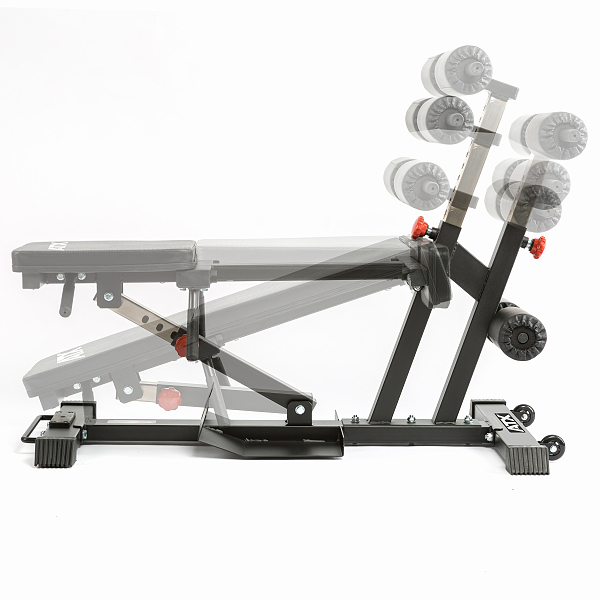The ATX Torso Trainer is an adjustable weight bench with incline, doubling as an ab machine. Its versatile positions and black padding on a sturdy metal frame offer utility, while dumbbells mounted at the back enhance its functionality.