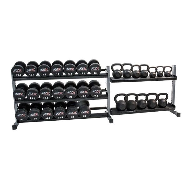 A Kettlebell and Dumbbell 300cm Rack featuring metal construction with four shelves holds various kettlebells on the right and numbered weighted balls on the left.