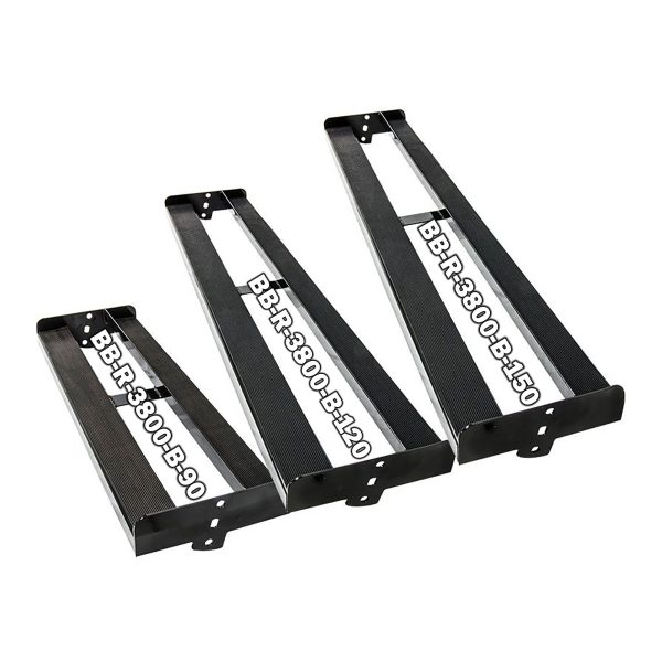 Three Kettlebell and Dumbbell 300cm Racks are labeled BBR-300-B-90, BBR-300-B-120, and BBR-300-B-150. They feature long perforated strips and are arranged in ascending order of size from left to right.