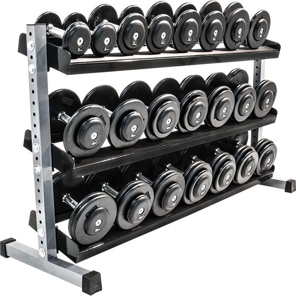 The Kettlebell and Dumbbell 300cm Rack features a sturdy metal frame with rubberized supports, holding rows of black dumbbells with silver handles neatly organized by size across its three tiers.