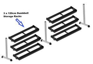 Image showing an assembly illustration of three black dumbbell storage racks, each 120cm in length. The racks are depicted in pieces with a blue arrow pointing to them, accompanied by text stating 3 x 120cm Dumbbell Storage Racks.