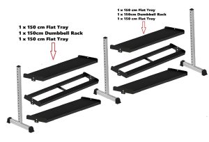 Image of two black gym racks with adjustable shelves. Each rack includes three tiers: a flat tray, a dumbbell rack, and another flat tray. Dimensions listed as 150 cm for each component. Adjustable metal frames support the shelves.