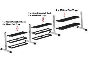 A gym equipment setup showing three configurations of a rack with different tray and dumbbell rack options. Each configuration includes a tall stand with adjustable horizontal components labeled as 90cm or 150cm trays and dumbbell racks.