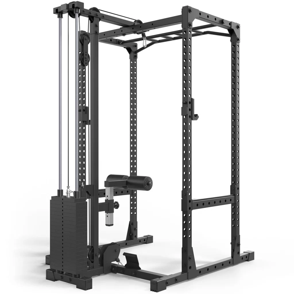 A black power rack with an integrated cable pulley system and weight stack. It features multiple holes for adjustable hooks and safety bars, suitable for various strength training exercises.