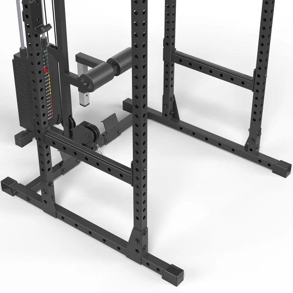 Close-up of a black steel squat rack with adjustable holes, a cable weight stack on the side, and a footplate at the base. The setup is ready for various gym exercises, with a clean white background.
