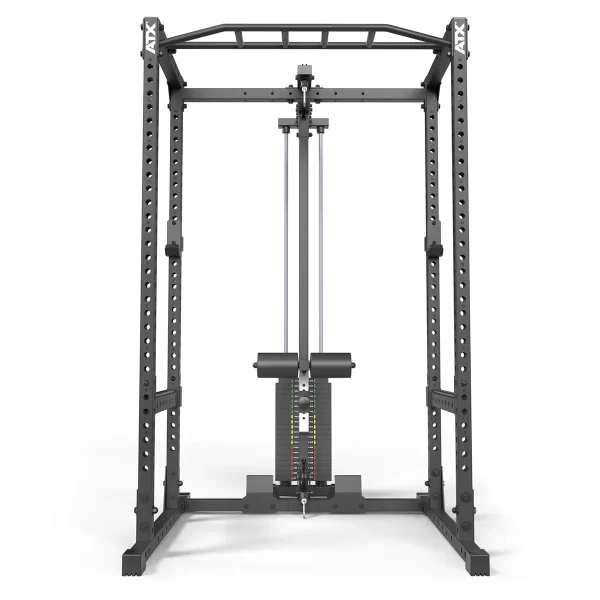 A power rack with a connected cable pulley system. It features multiple adjustment holes and a weight stack with clearly marked increments. The structure is black, has a pull-up bar, and is designed to support various strength exercises.