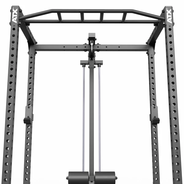 A black power rack with adjustable pulleys and a pull-up bar. The frame has numbered holes for attachments, and the structure is designed for weight lifting and strength training exercises.