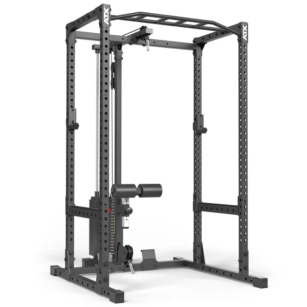 A black metal power rack with adjustable safety bars, pull-up bar, and cable attachments. It features multiple holes for customization and is designed for strength training exercises.