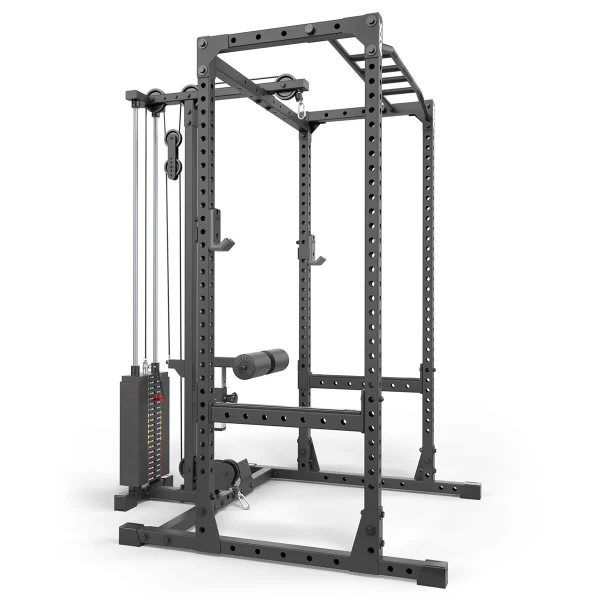 A metal power cage with an attached pulley system, featuring adjustable weights and various handles, for strength training exercises. The frame has multiple holes for adjustability and includes a pull-up bar at the top.