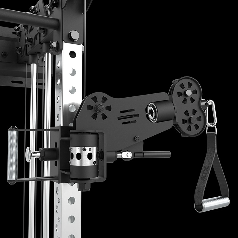 Close-up of the ATX Half Rack with Cable Crossover, showcasing its black and silver adjustable pulley attachment with multiple adjustment holes, gears, handle, and strap with metal carabiner against a black background.