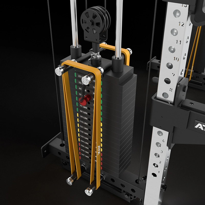 Close-up of the ATX Half Rack with Cable Crossover weight stack, showing labeled plates, a red adjustment pin, pulleys, yellow guide rods, and the rack's numbered frame holes.