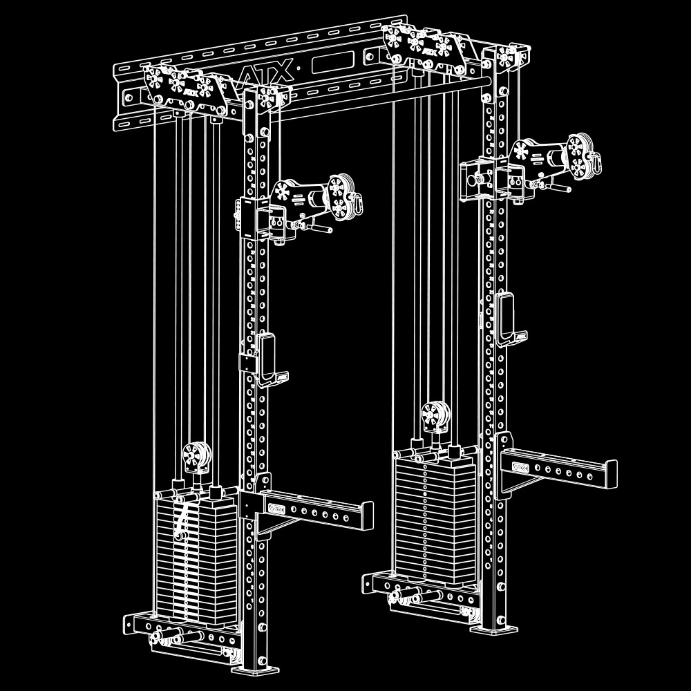 Technical drawing of the ATX Half Rack with Cable Crossover, featuring adjustable pulleys, weight stacks, and handles for strength training. The equipment is displayed against a black background.