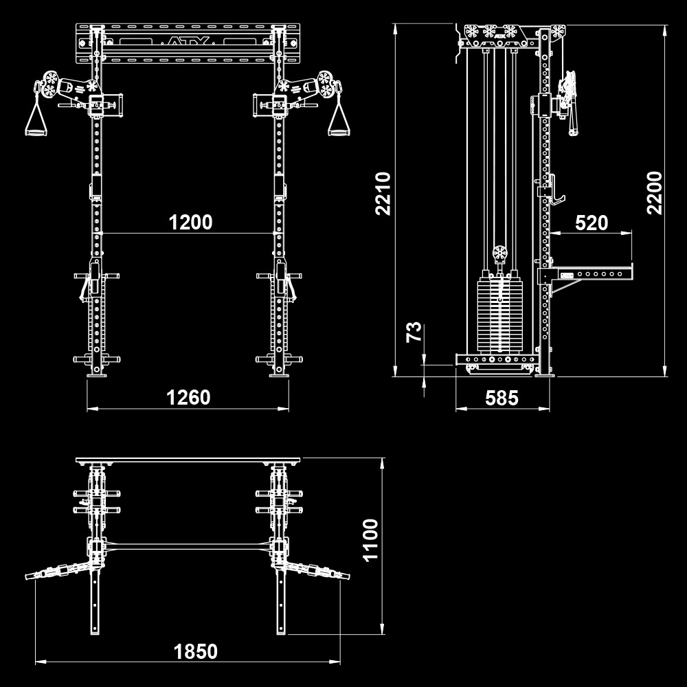 Technical drawing of the ATX Half Rack with Cable Crossover gym machine showing front, side, and top views with detailed millimeter measurements. Features include weight stacks, pulleys, and cable attachments.