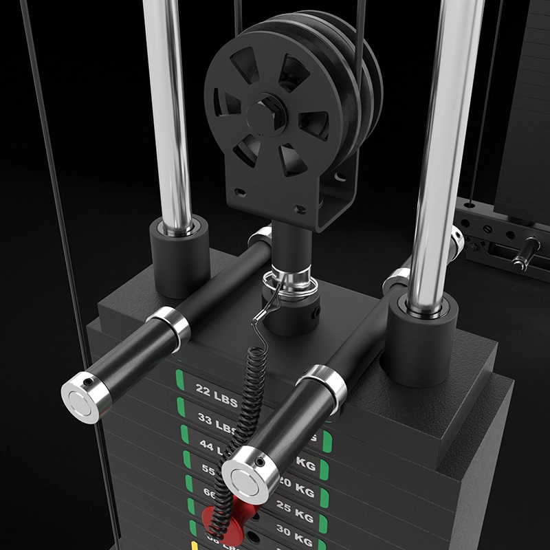 Close-up of a gym weight stack machine with two chrome handles, weight selection pins, and labeled weights—perfect for the ATX Half Rack with Cable Crossover.