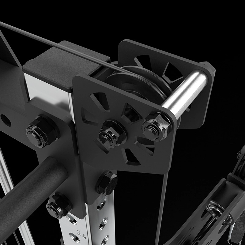 Close-up of the black and metallic cable pulley mechanism on the ATX Half Rack with Cable Crossover, featuring bolts, nuts, and a tensioned cable against a black background to showcase its precise engineering.