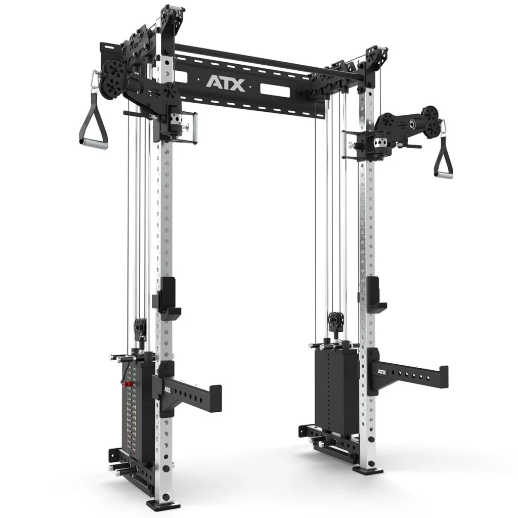 The ATX Half Rack with Cable Crossover offers adjustable pulleys, two weight stacks, handles, and attachments in a black and silver design—ideal for strength training and versatile cable exercises.