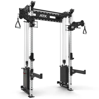The ATX Half Rack with Cable Crossover offers adjustable pulleys, two weight stacks, handles, and attachments in a black and silver design—ideal for strength training and versatile cable exercises.