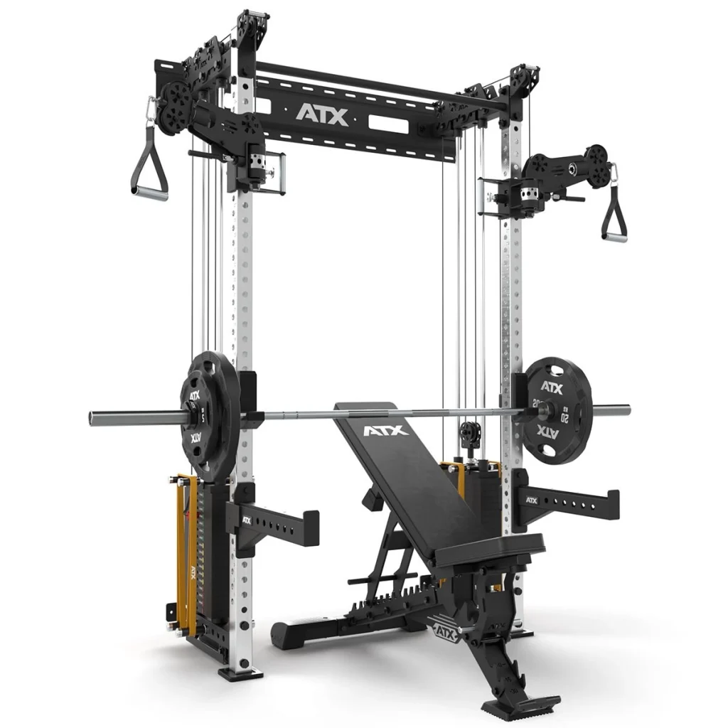 The ATX Half Rack with Cable Crossover is a multifunctional gym machine in black and silver, featuring an adjustable bench, branded weight plates, barbell, pulleys, and cable attachments for diverse strength training exercises.