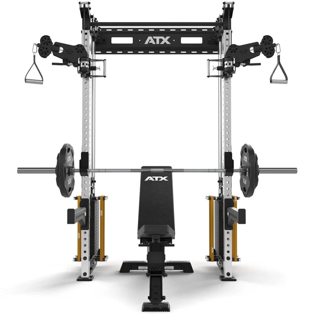 The ATX Half Rack with Cable Crossover is a multi-purpose gym station in black, silver, and yellow. It includes a bench, barbell with weights, adjustable supports—ideal for strength training and various exercises.