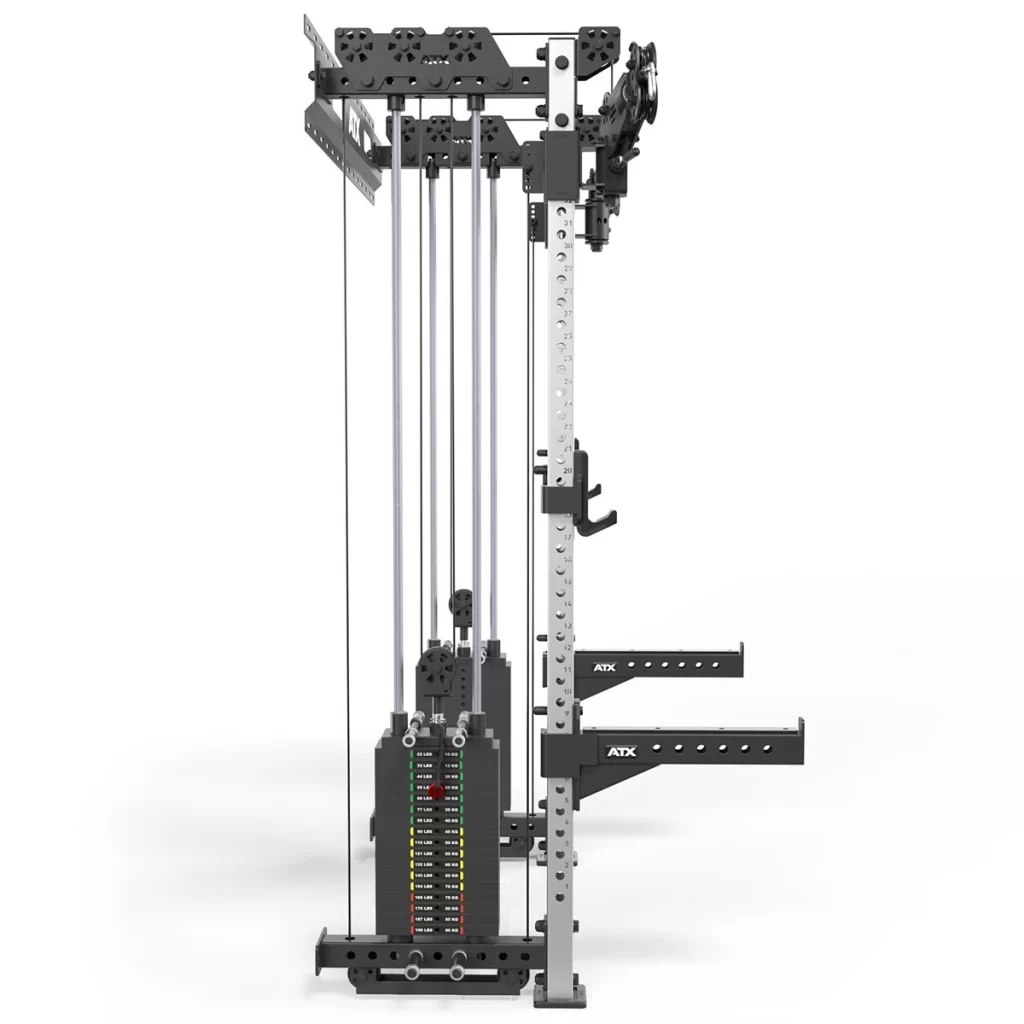 Side view of a multifunctional home gym machine with weighted plates and adjustable bars. The metal frame is equipped with pulleys and a cable system. Markings on the frame allow for setting different exercise positions.