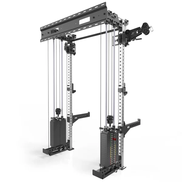 A cable crossover machine with adjustable pulleys and weight stacks on each side. The structure is metallic with multiple attachment points, designed for various strength training exercises.