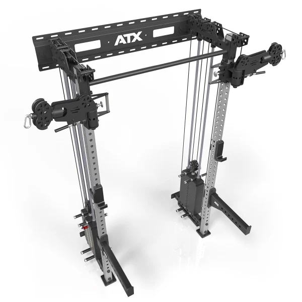 Image of an ATX cable crossover machine with adjustable pulleys and weights. The structure is metallic, featuring a sturdy frame with multiple adjustment options for strength training exercises.