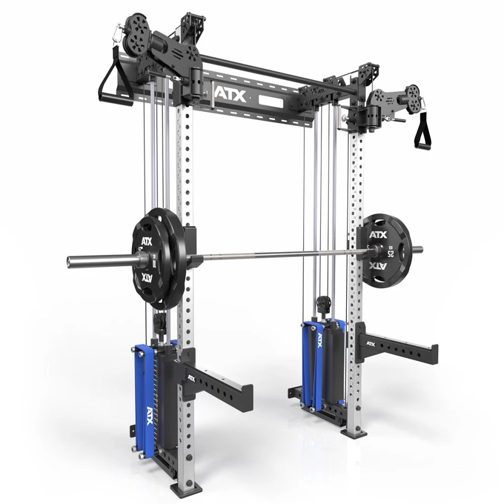 A multi-functional cable machine and squat rack with a barbell in the center. The equipment is metallic with adjustable pulleys, weight plates, and safety arms, designed for various strength training exercises.
