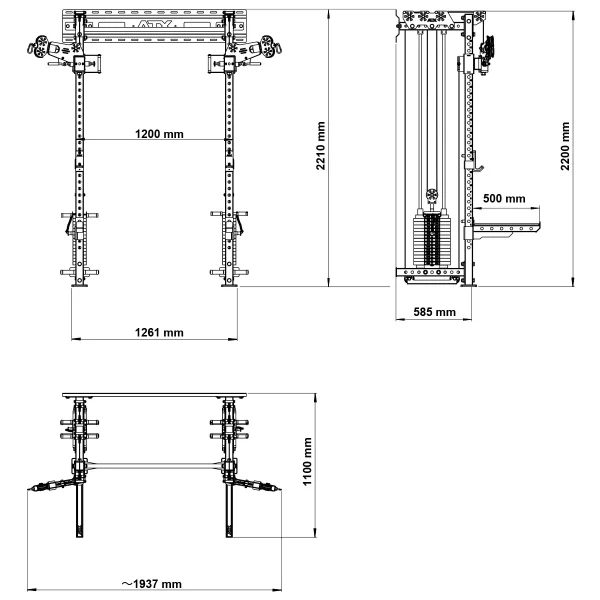 Technical drawing of a mechanical device with dimensions labeled. It has a vertical frame with adjustable parts. The front view shows a width of 1261 mm, height of 2200 mm. Side view shows a 500 mm extension, and the top view indicates a width of ~1937 mm.