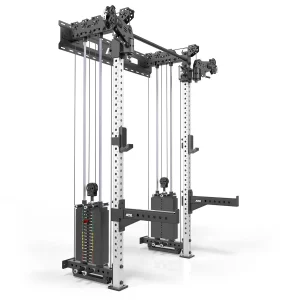 A dual cable crossover machine with adjustable pulleys, weight stacks, and metal frames, designed for strength training exercises in a gym setting.