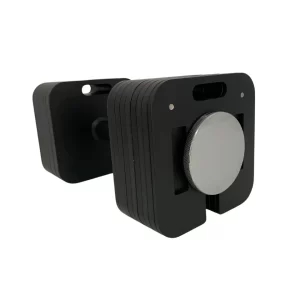 A pair of adjustable magnet-style camera weights with a black exterior and metallic knobs. Designed for stability, they are compact and feature multiple layers with holes for mounting.